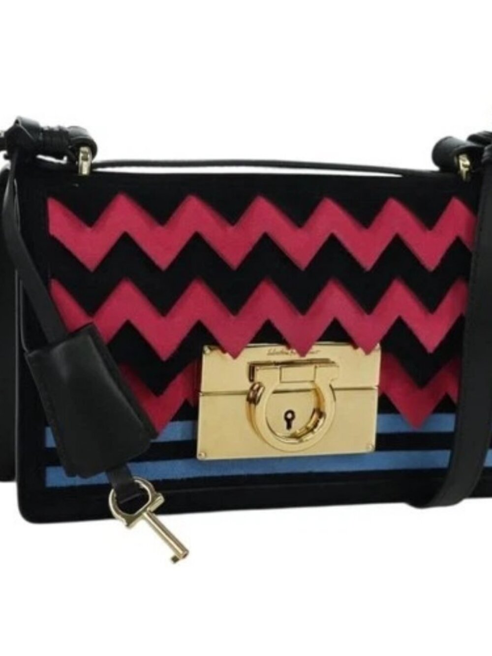 Salvatore Ferragamo Gancini Shoulder Bag Suede Black Pink gold Auth ARZ419M